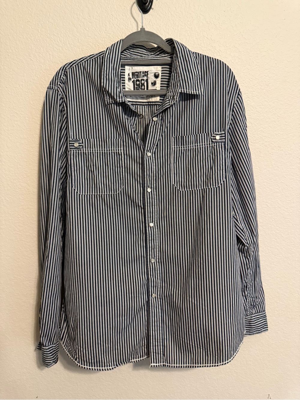 Heritage 1981 Men’s Black and White Vertical Stripe Button-Down Shirt
